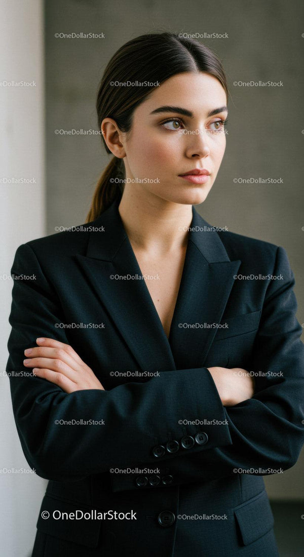 Elegant Businesswoman in Black Suit with Confident Expression