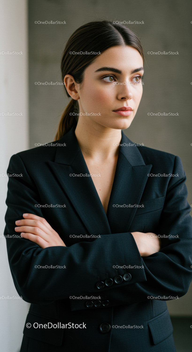 Elegant Businesswoman in Black Suit with Confident Expression