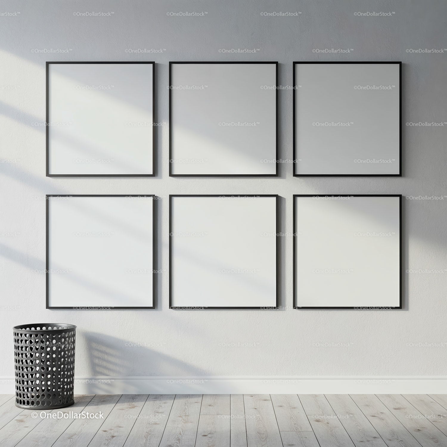 Minimalist empty square frames on white wall