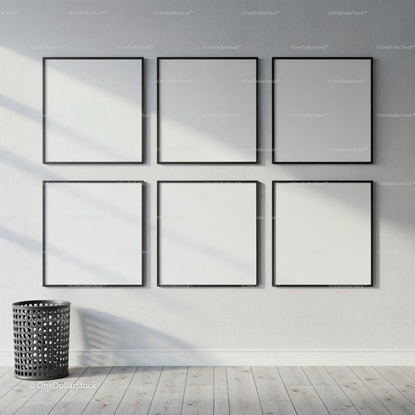 Minimalist empty square frames on white wall JPG Mockup Image