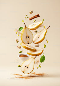 Fresh Pear Slices with Pistachios and Cinnamon Sticks