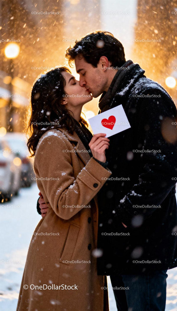 Couple Sharing Tender Kiss on Snowy Winter Evening