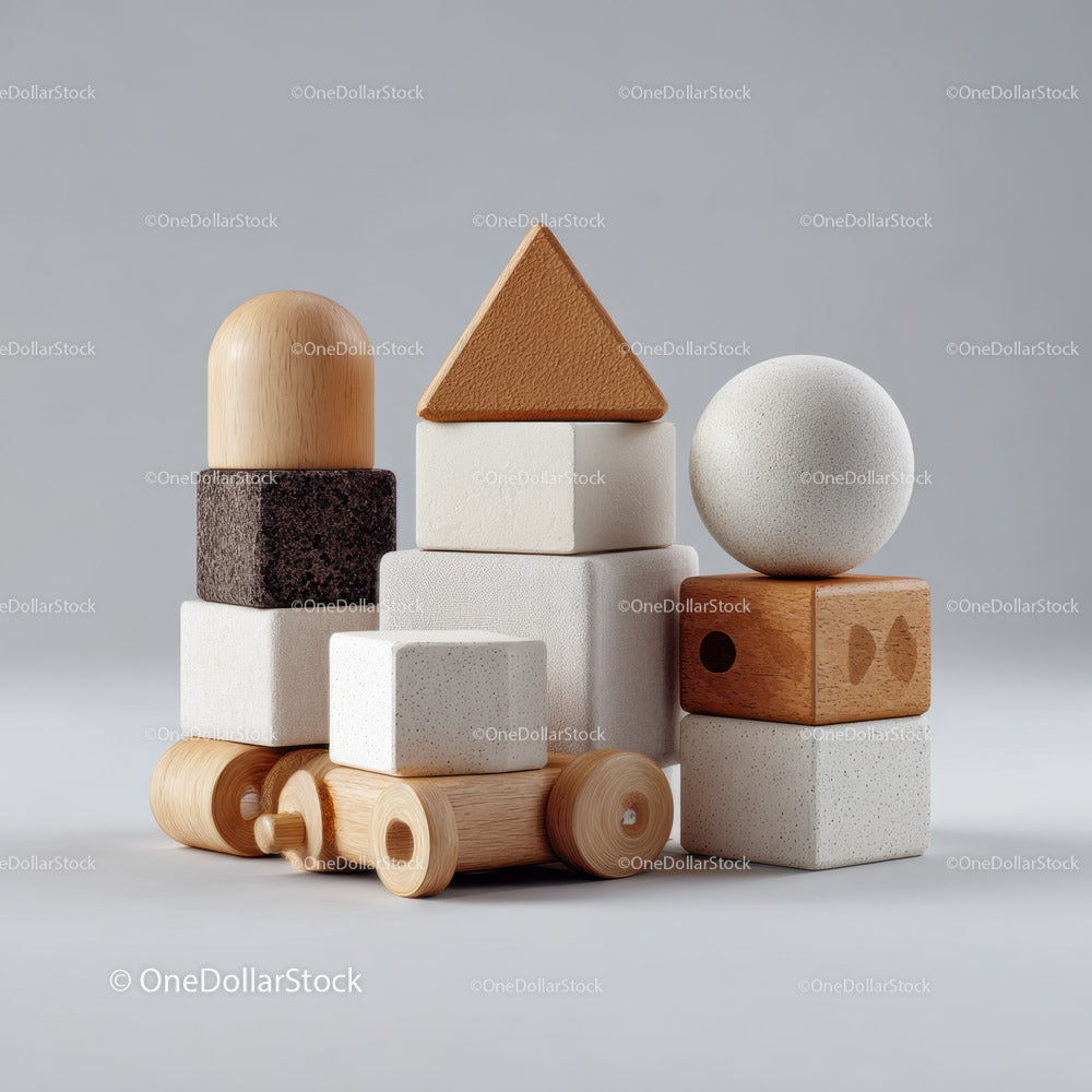 Stack of Wooden Blocks with Geometric Shapes for Children
