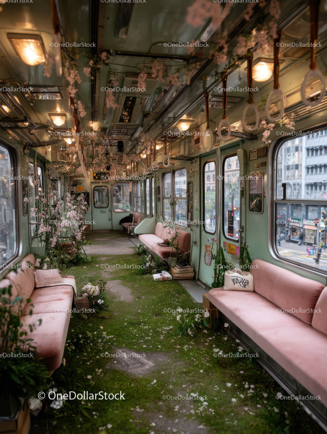 Vintage Train Car Interior with Floral Decor and Greenery