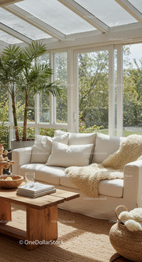 Cozy sunlit living room with natural decor and greenery