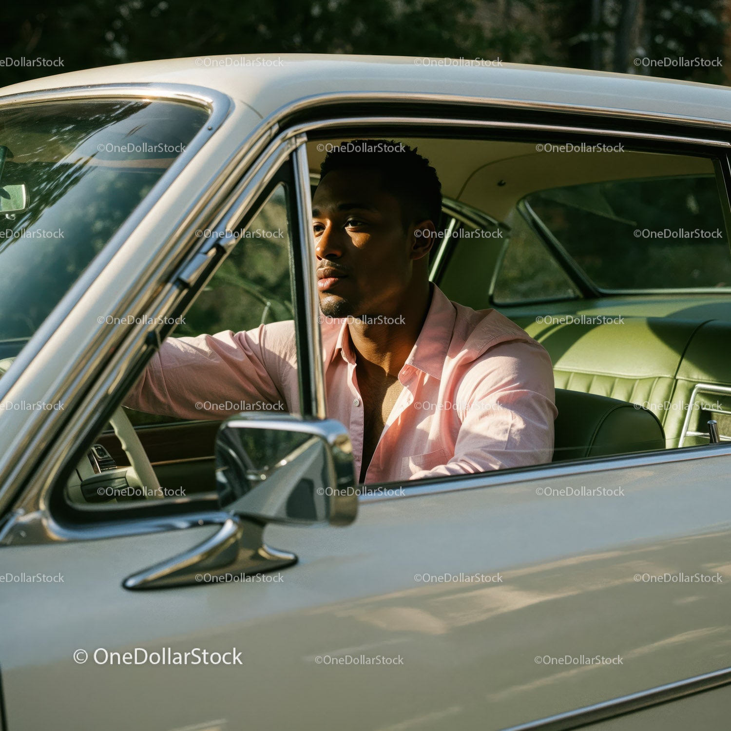 Young Man in Pink Shirt Driving Vintage Car in Green Scenery