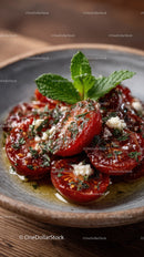 Fresh Cherry Tomato Salad with Basil and Cheese in Rustic Bowl
