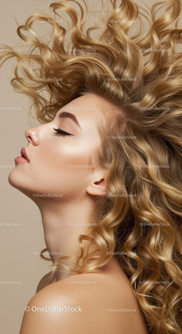 Profile of woman with voluminous curly blonde hair