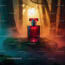Luxury Red Perfume Bottle in Mystical Forest Scene