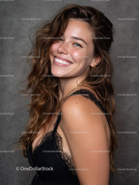 Bright Happy Woman with Curly Hair in Black Lace Top