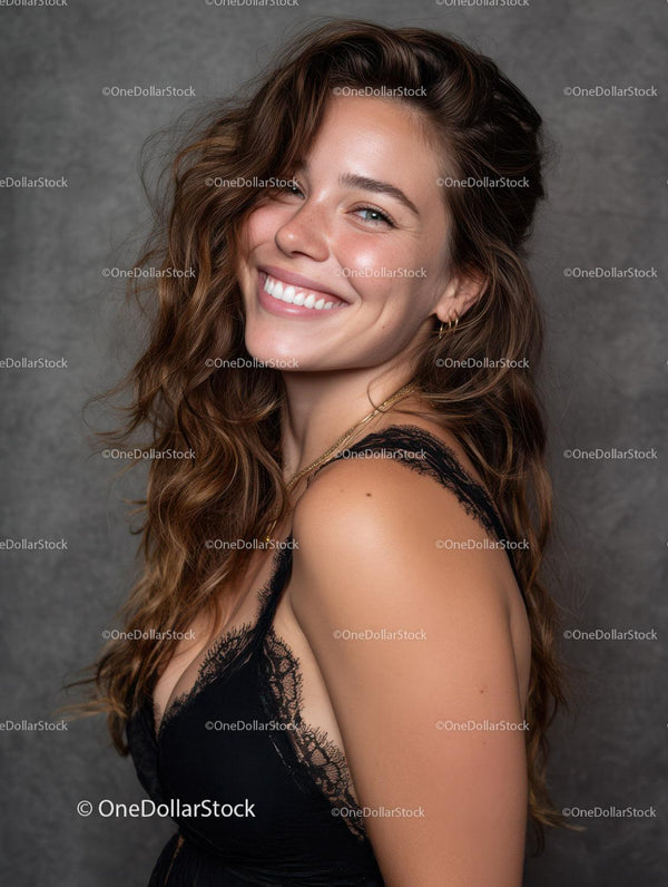 Bright Happy Woman with Curly Hair in Black Lace Top