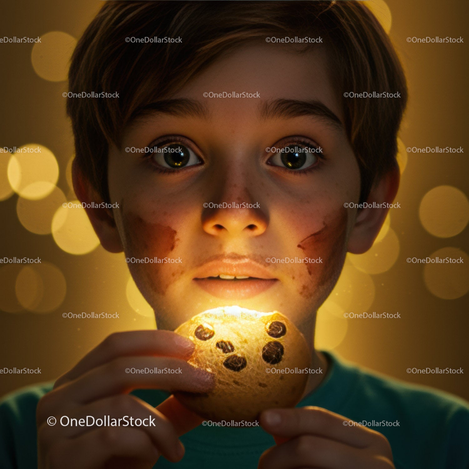 Child holding glowing chocolate chip cookie in warm light