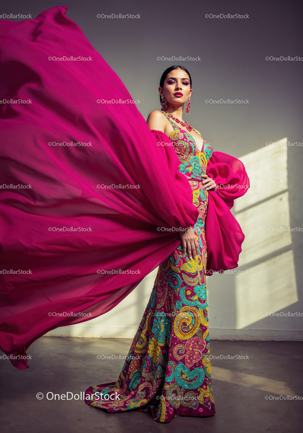 Fashion Model in Vibrant Pink and Yellow Flowing Gown