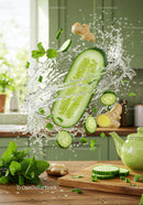 Fresh cucumber and ginger splash in bright kitchen