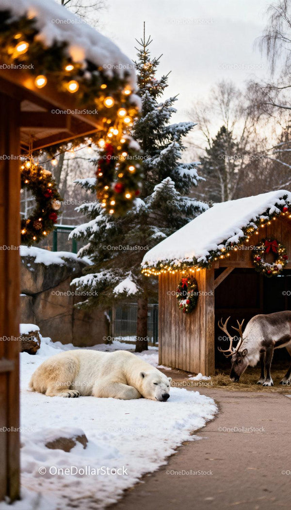 Polar Bear Resting Near Reindeer in Winter Holiday Setting
