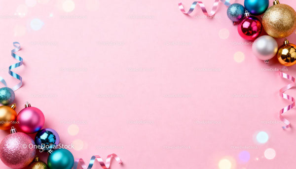 Colorful Christmas baubles and ribbons on pink background