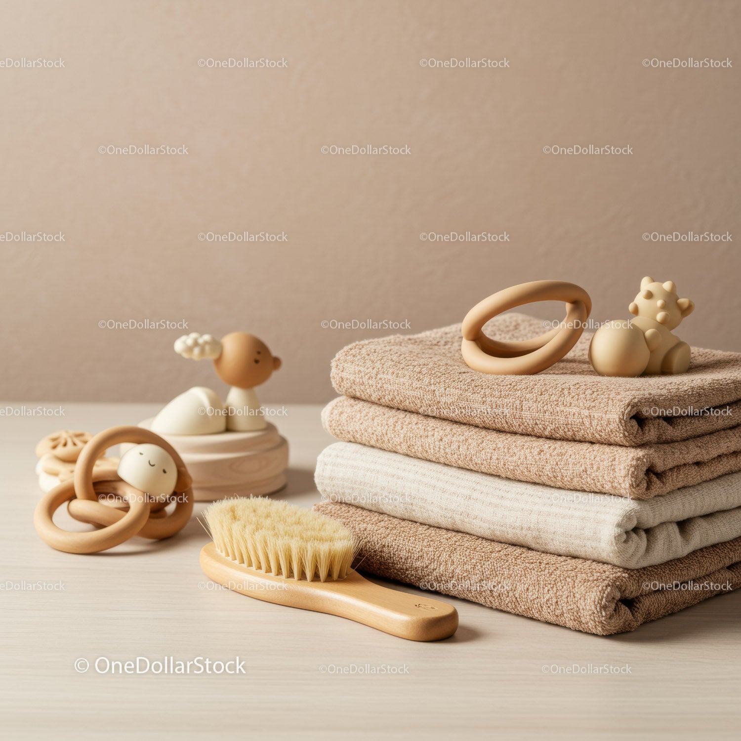 Soft neutral folded towels with natural baby brush and toys