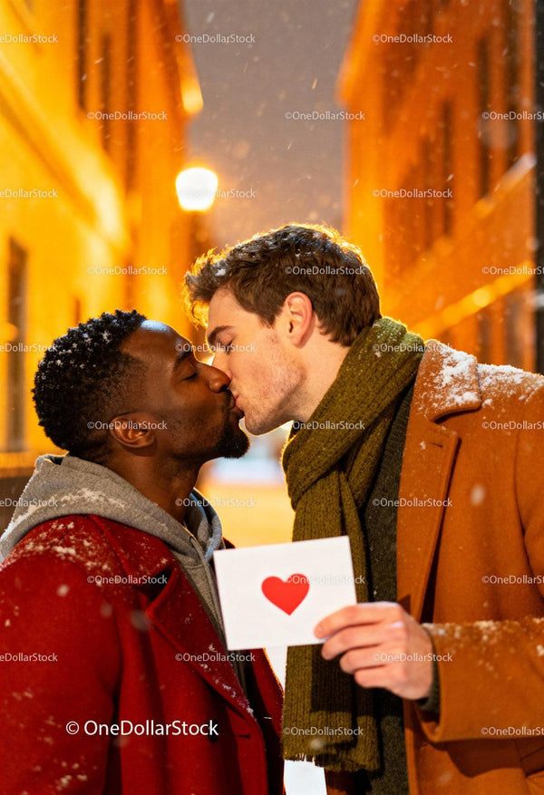 Couple sharing a tender kiss with Valentine card in winter