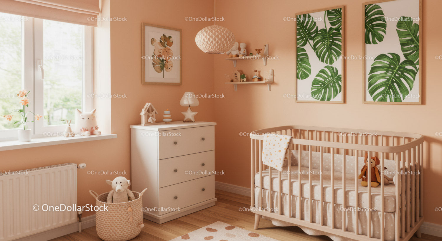 Cozy Baby Nursery with Peach Walls and Leaf Green Botanical Art