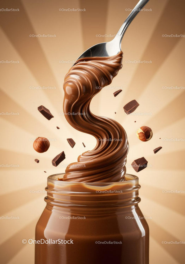 Creamy chocolate spread swirling from a spoon over jar