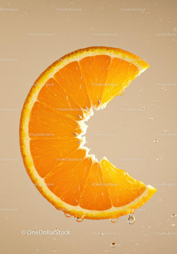 Fresh orange slice dripping with juice on beige background