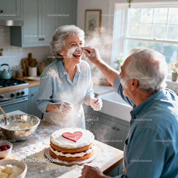 Elderly Couple Playfully Baking Valentine Cake Together
