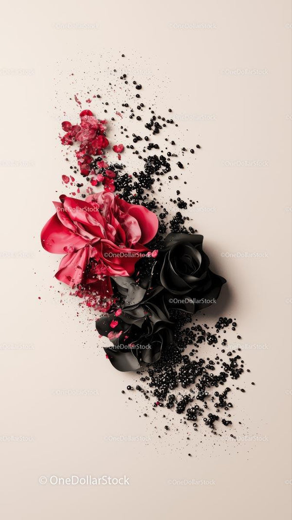 Black and Pink Roses with Scattered Black Beads on White Background