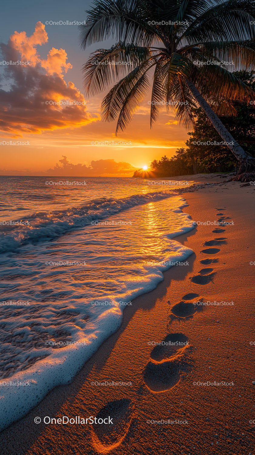 Scenic Tropical Beach Sunset with Palm Trees and Ocean Waves