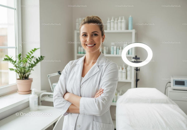 Female Doctor Smiling in Modern Medical Clinic with Professional Attire