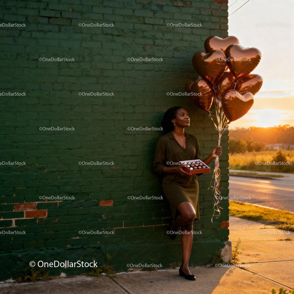 Woman holding heart balloons and chocolates at sunset