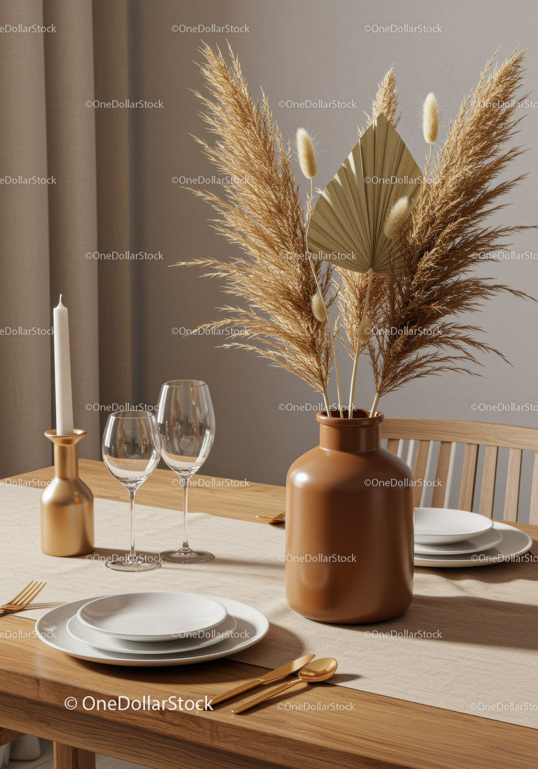 Elegant Dining Table with Beige Vase and Pampas Grass Decor