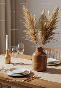 Elegant Dining Table with Beige Vase and Pampas Grass Decor