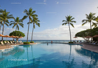 Relaxing Poolside Scene with Tall Palm Trees and Ocean View