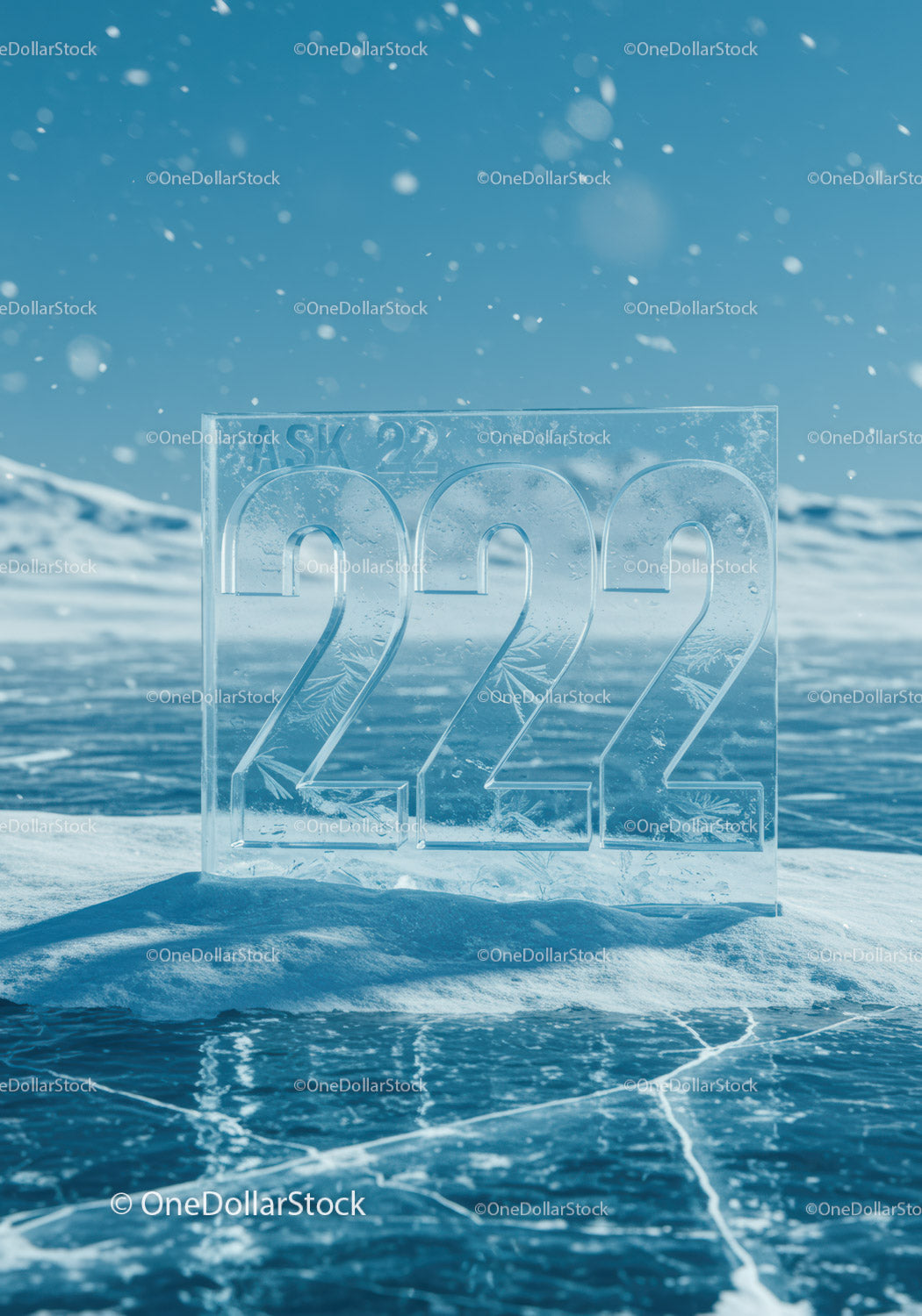 Frozen block with embossed 222 in icy winter landscape