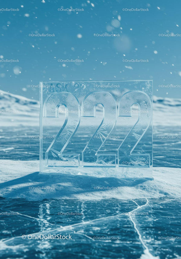 Frozen block with embossed 222 in icy winter landscape