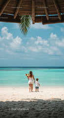 Family Enjoying a Tropical Beach Under a Wooden Palm Leaf Hut