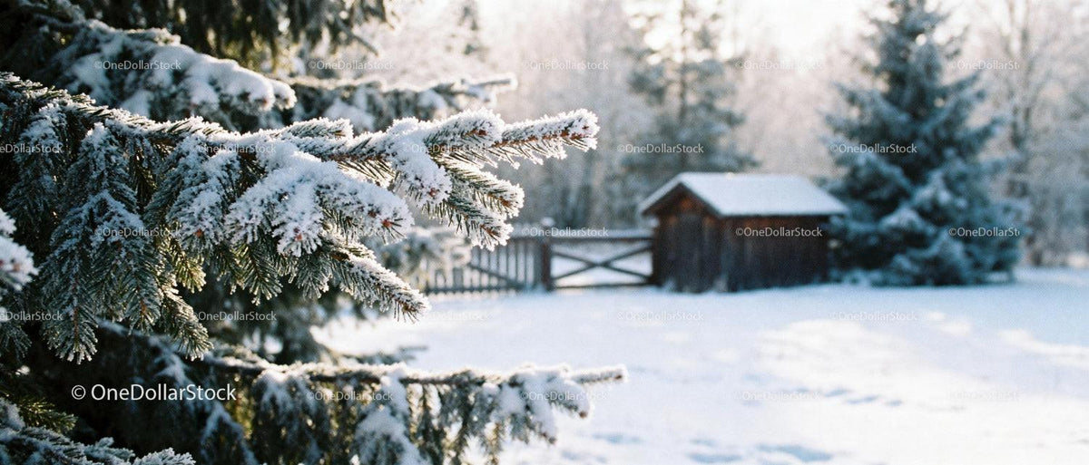 Snow-covered fir branches near rustic winter cabin