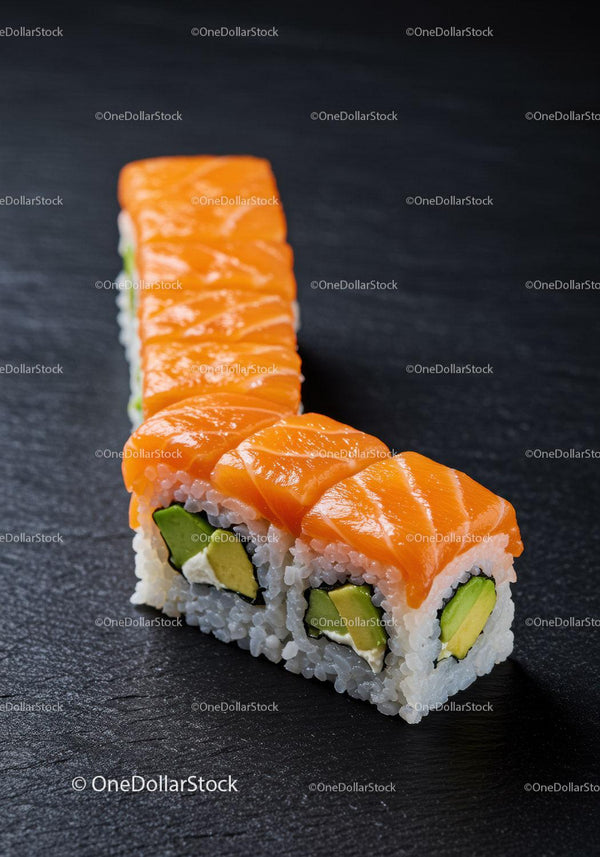 Fresh salmon avocado sushi roll on black slate