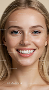 Smiling young woman with natural freckles and blue eyes