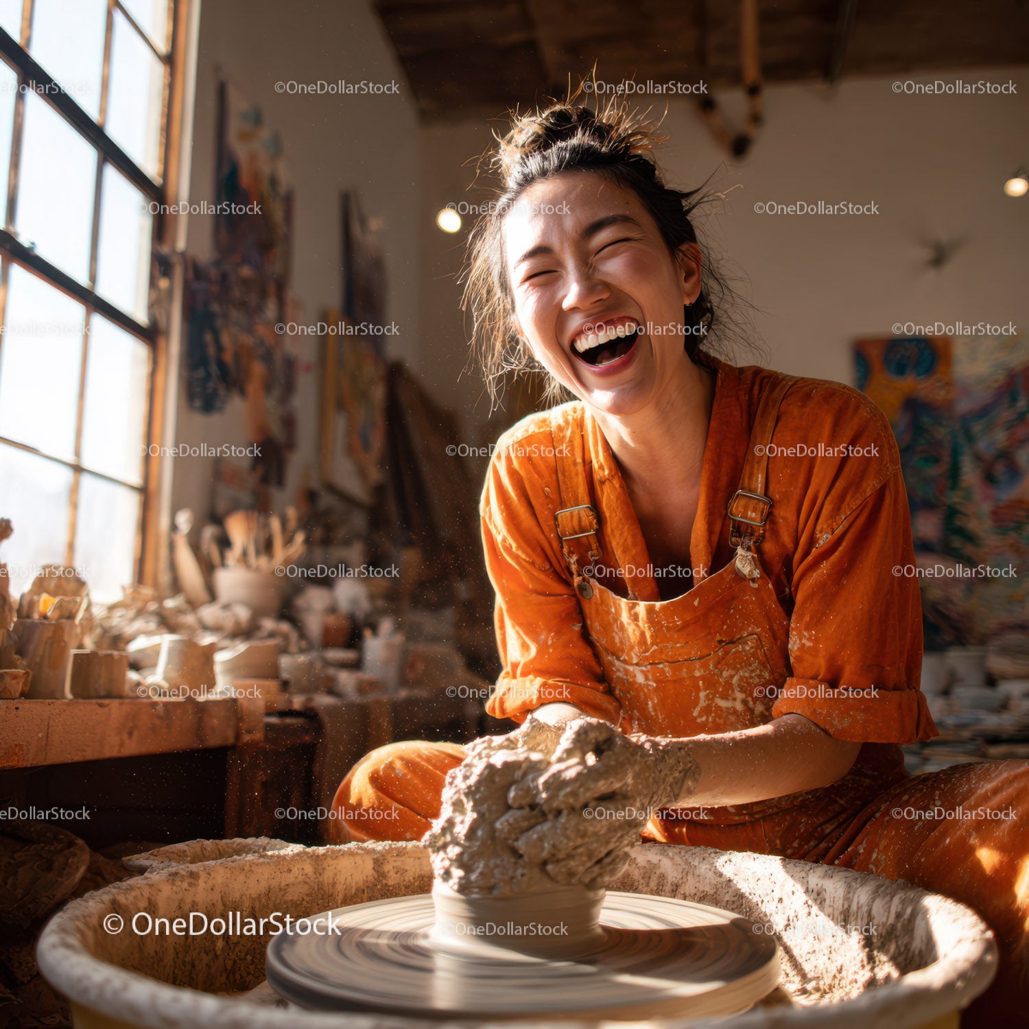 Joyful Woman Creating Handmade Pottery in Artistic Studio
