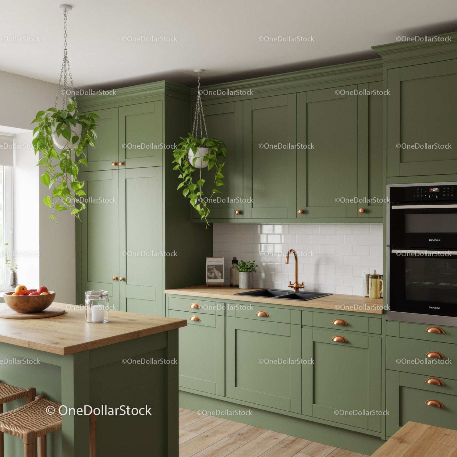 Modern Green Kitchen with Wooden Countertops and Hanging Plants