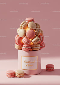 Colorful macarons stacked in pastel pink container
