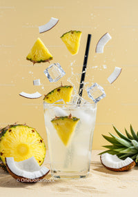 Refreshing Pineapple Coconut Drink with Ice Splash