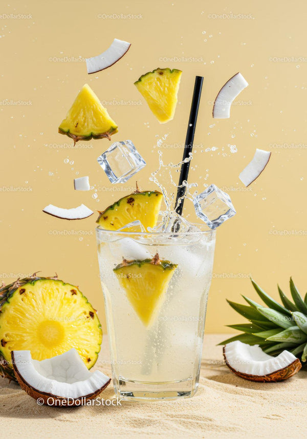 Refreshing Pineapple Coconut Drink with Ice Splash