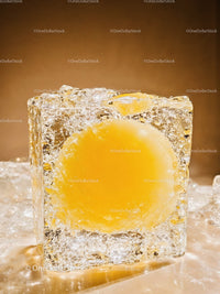 Frozen egg yolk encased in a clear ice cube