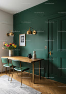 Stylish Green and Brass Dining Room with Wood Table and Floral Decor