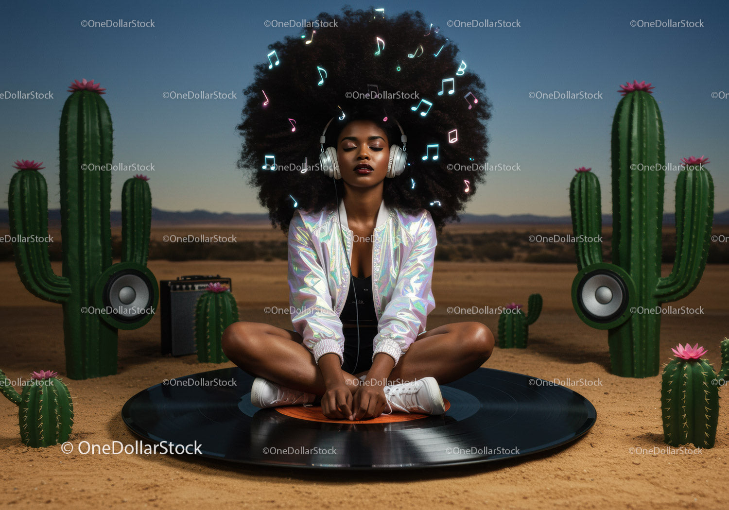Woman with headphones meditating on vinyl record in desert