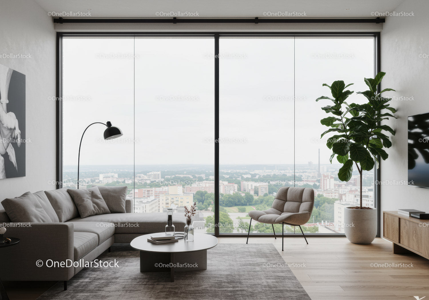 Bright Modern Living Room with Floor-to-Ceiling Windows and City View