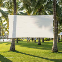 Blank outdoor movie screen hanging between palm trees