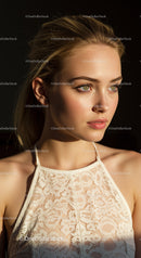 Elegant Blonde Woman with Green Eyes Wearing Lace Dress in Studio